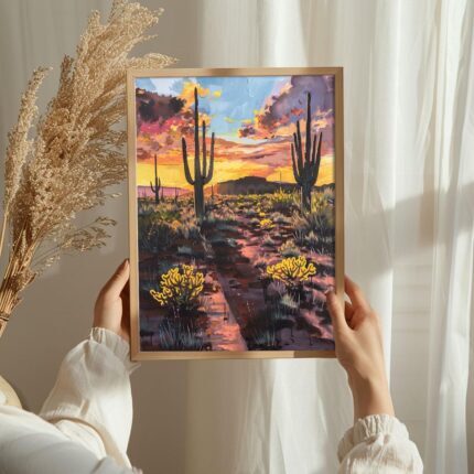 Golden Hour in the Desert Art Poster – Midcentury Modern Travel Wall Art – Painting as Print – Unique Design