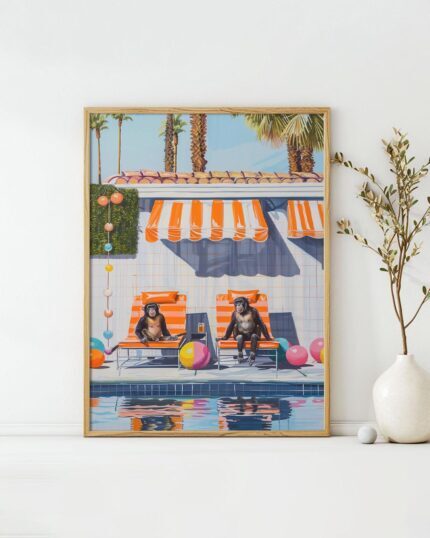 Chilling by the Pool – Monkeys Edition No. 1 Art Poster – Animal Fine Art – Summer Decor – Unique Design – Surreal Collage