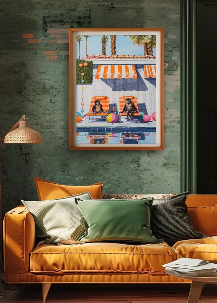 Chilling by the Pool – Monkeys Edition No. 1 Art Poster – Animal Fine Art – Summer Decor – Unique Design – Surreal Collage