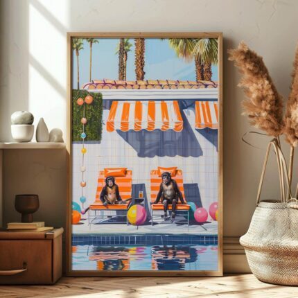 Chilling by the Pool – Monkeys Edition No. 1 Art Poster – Animal Fine Art – Summer Decor – Unique Design – Surreal Collage