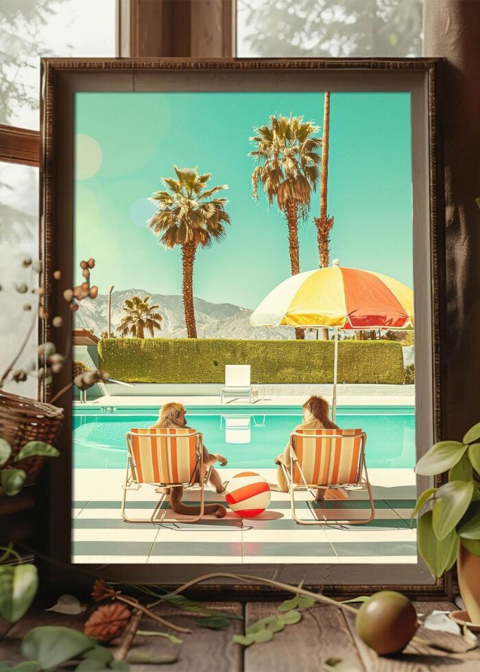 Chilling by the Pool – Monkeys Edition No. 3 Art Poster – Animal Fine Art – Summer Decor – Unique Design – Surreal Collage