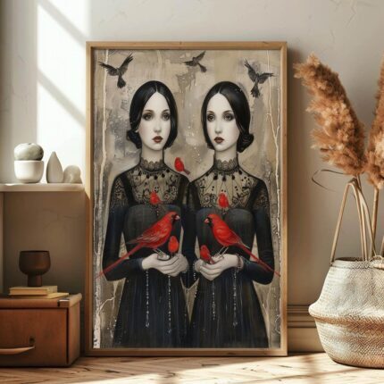 Gothic Elegance with Cardinals Poster Modern Sister Red Bird Collection No. 3 – Wall Art Decor – Unique Design