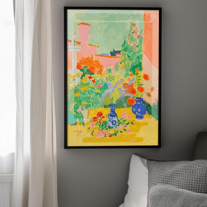 Serene Courtyard California Art Poster – Midcentury Modern Travel Wall Art – Painting as Print – Unique Design