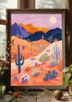 Desert Landscape at Sunset Art Poster – Midcentury Modern Travel Wall Art – Painting as Print – Unique Design
