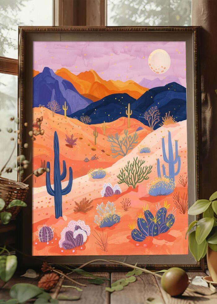 Desert Landscape at Sunset Art Poster – Midcentury Modern Travel Wall Art – Painting as Print – Unique Design