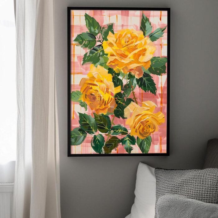 Golden Roses Art Poster – Midcentury Modern Travel Wall Art – Painting as Print – Unique Design