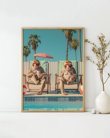 Chilling by the Pool – Monkeys Edition No. 2 Art Poster – Animal Fine Art – Summer Decor – Unique Design – Surreal Collage