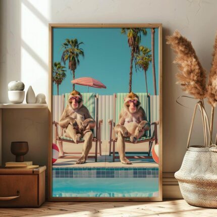 Chilling by the Pool – Monkeys Edition No. 2 Art Poster – Animal Fine Art – Summer Decor – Unique Design – Surreal Collage