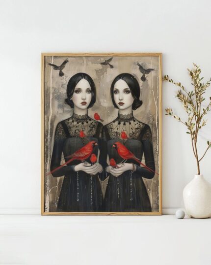 Gothic Elegance with Cardinals Poster Modern Sister Red Bird Collection No. 3 – Wall Art Decor – Unique Design