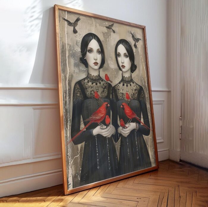 Gothic Elegance with Cardinals Poster Modern Sister Red Bird Collection No. 3 – Wall Art Decor – Unique Design