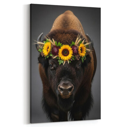 Majestätischer Bison mit Sonnenblumen-Krone Leinwandbild Arktische Eleganz Schlafzimmer Bild Wohnzimmer Tier Kunst Natur Kunstdruck