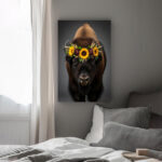 Majestätischer Bison mit Sonnenblumen-Krone Leinwandbild Arktische Eleganz Schlafzimmer Bild Wohnzimmer Tier Kunst Natur Kunstdruck