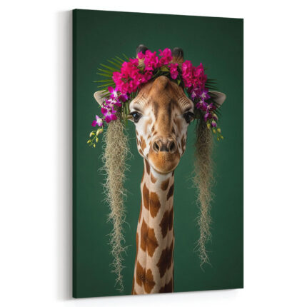 Lustige Giraffe mit Blumenschmuck Leinwandbild Arktische Eleganz Schlafzimmer Bild Wohnzimmer Tier Kunst Natur Kunstdruck