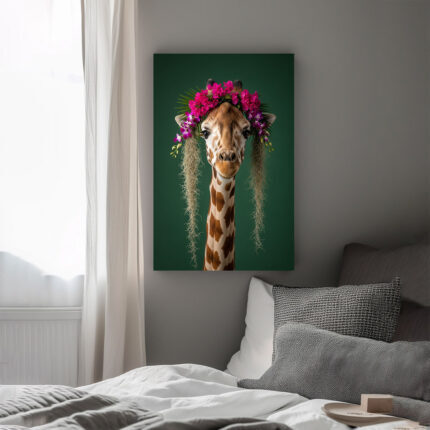 Lustige Giraffe mit Blumenschmuck Leinwandbild Arktische Eleganz Schlafzimmer Bild Wohnzimmer Tier Kunst Natur Kunstdruck