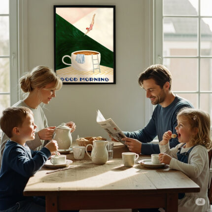 Guten Morgen Poster Kaffeedruck – Retro – Trendy Café-Kunst – Modernes Küchenbild – Kaffeeliebhaber – Wanddekoration für Küche, Restaurant