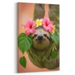 Hängendes Faultier mit Hibiskus Leinwandbild Schlafzimmer Bild Wohnzimmer Tier Kunst Natur Kunstdruck