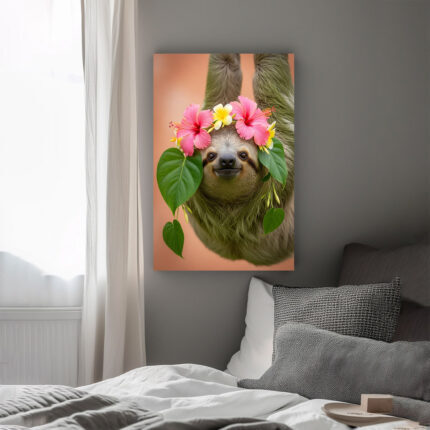 Hängendes Faultier mit Hibiskus Leinwandbild Schlafzimmer Bild Wohnzimmer Tier Kunst Natur Kunstdruck