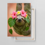 Hängendes Faultier mit Hibiskus Leinwandbild Schlafzimmer Bild Wohnzimmer Tier Kunst Natur Kunstdruck