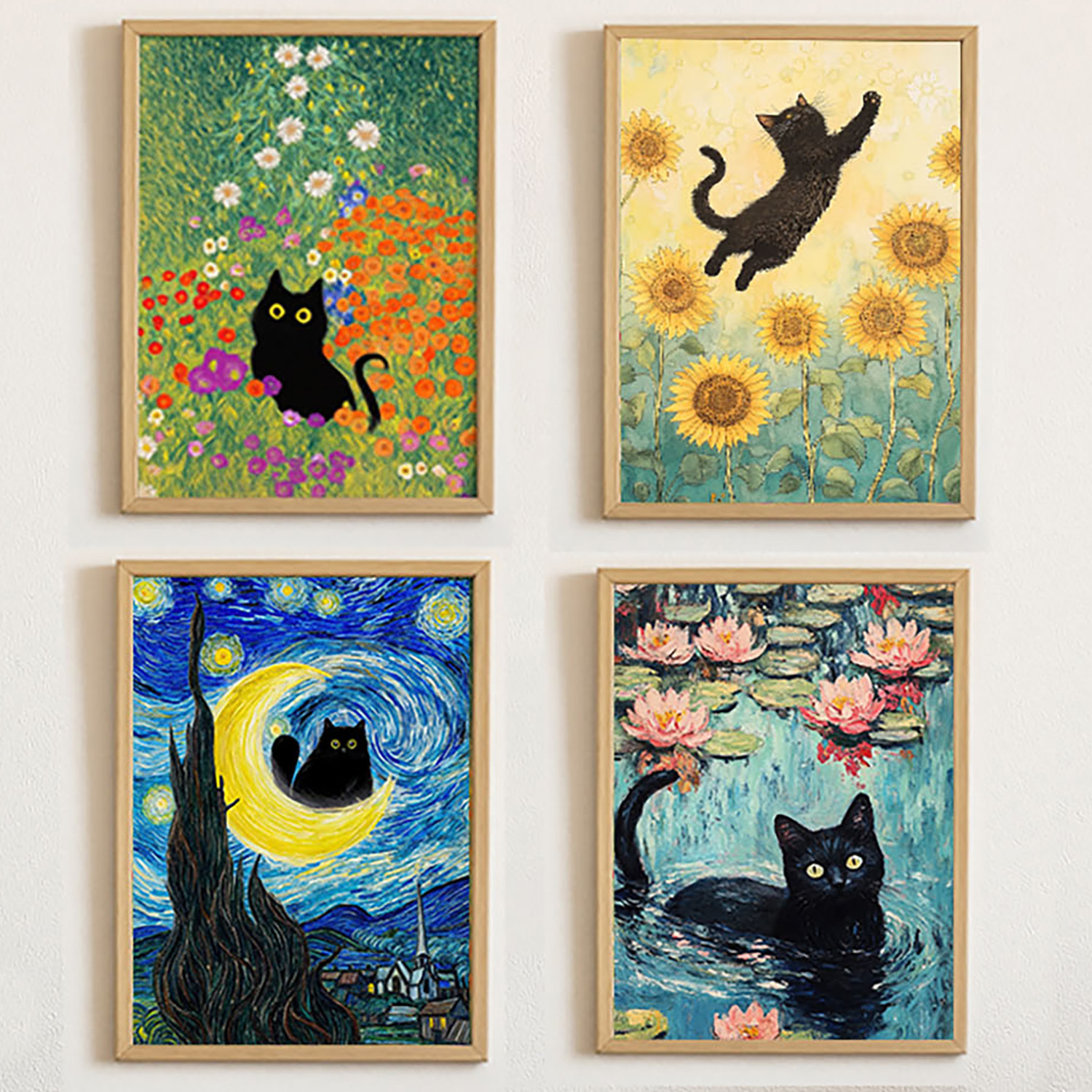 1 Die Kunstkatzen 4er Set Poster, Schwarze Katze in Berühmten Gemälden – Van Gogh Sternennacht, Monet Seerosen, Klimt Stil Deko für Katzenliebhaber