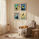 Die Kunstkatzen 4er Set Poster, Schwarze Katze in Berühmten Gemälden – Van Gogh Sternennacht, Monet Seerosen, Klimt Stil Deko für Katzenliebhaber