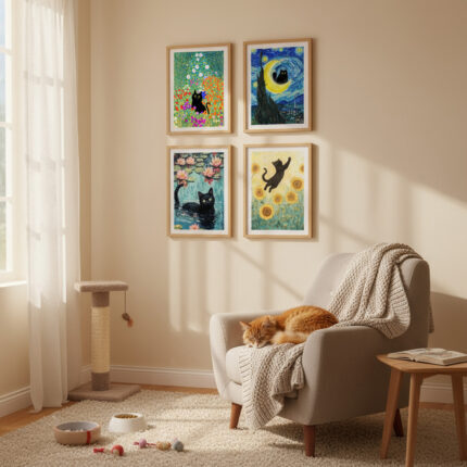 Die Kunstkatzen 4er Set Poster, Schwarze Katze in Berühmten Gemälden – Van Gogh Sternennacht, Monet Seerosen, Klimt Stil Deko für Katzenliebhaber