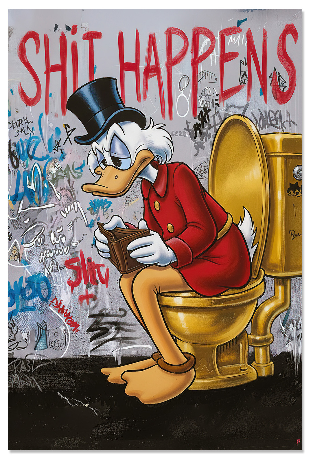 Dagobert_Duck_01 Poster for the toilet “Shit happens” Scrooge McDuck is broke Funny saying for the toilet Pop Art Graffiti Toilet session