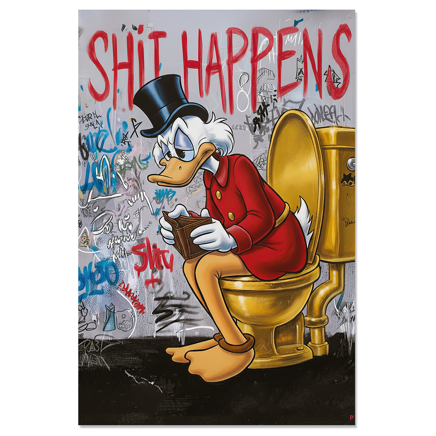 Dagobert_Duck_cover Poster für WC “Shit happens” Donald Duck ist pleite Lustiger Spruch für Toilette Pop Art Graffiti Klo-Session