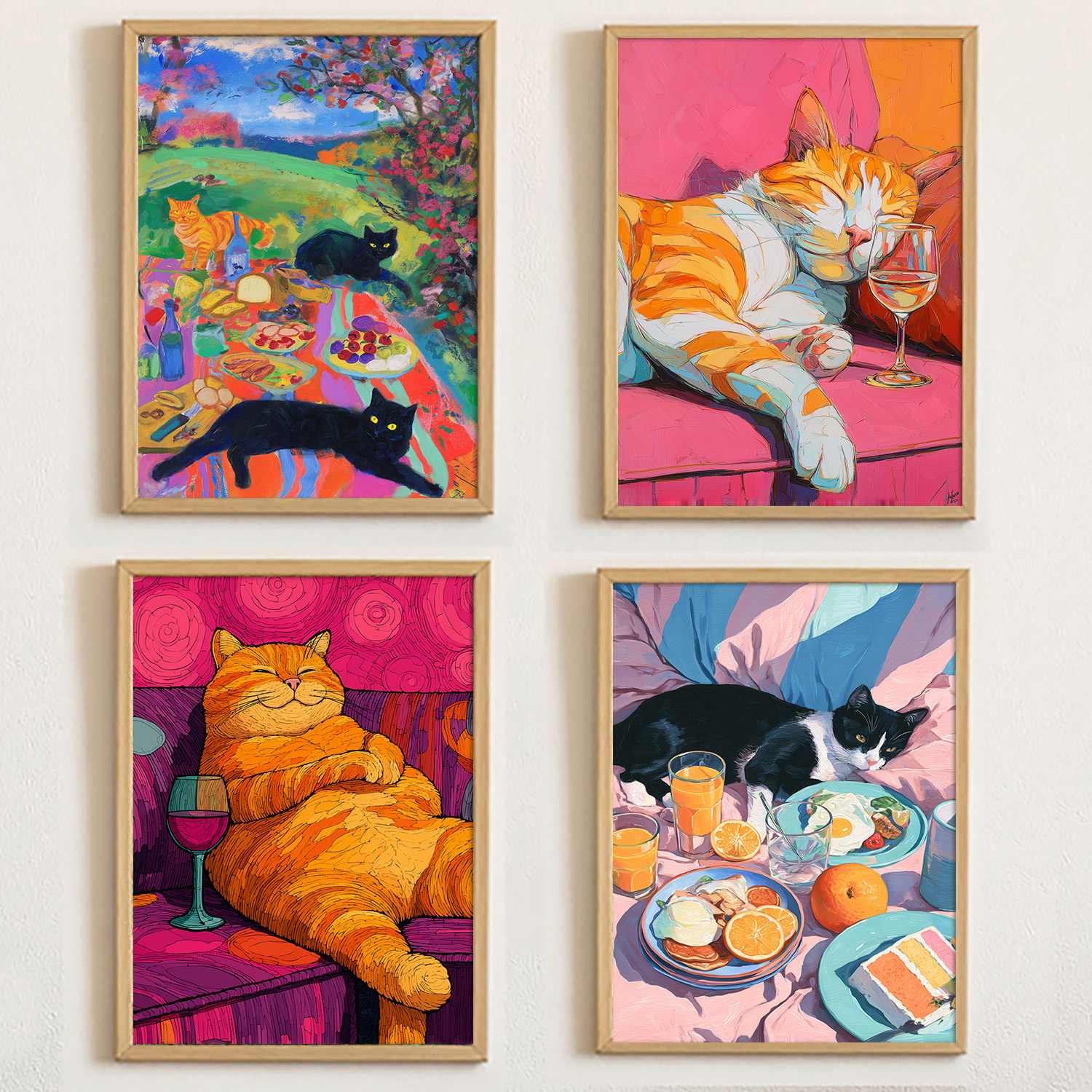 K1 Katzen Pop Art 4er Set Poster, Lustige Katzenbilder aus dem Alltag Deko für Katzenliebhaber