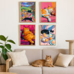 Katzen Pop Art 4er Set Poster, Lustige Katzenbilder aus dem Alltag Deko für Katzenliebhaber