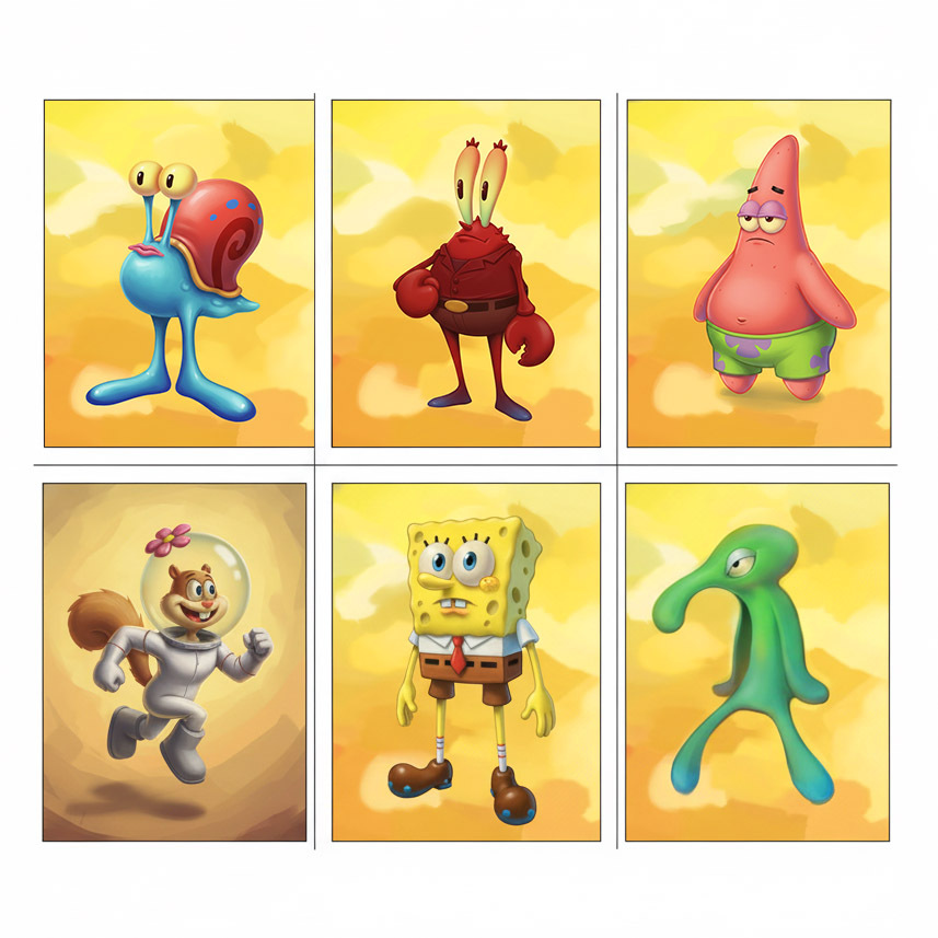 SpongeBob_Cover SpongeBob Schwammkopf 6er Poster Set Charaktere | Premium Kunstdrucke Art Stil | Patrick Star, Sandy Cheeks, Thaddäus, Mr. Krabs, Gary | Deko für Kinderzimmer Comic Fans