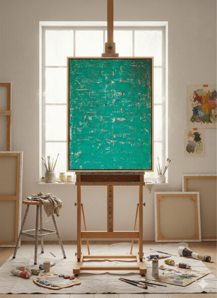 Acrylfarben Leinwandbild mit Rahmen in Türkis Gold Handgemaltes Wandbild Original Kunst Unikat