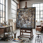 Urban Relic in Schwarz und Gold Handgemalt Leinwandbild mit Steinchen Original Kunst Unikat