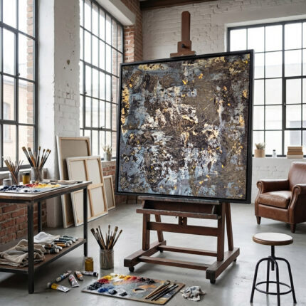 Urban Relic in Schwarz und Gold Handgemalt Leinwandbild mit Steinchen Original Kunst Unikat