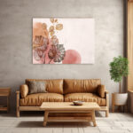 Zarte Pflanzensilhouetten auf Rosa mit rundem Sonnenelement und Monstera-Blättern