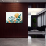 Eukalyptuszweige in Blau und Gold vor hellblauem Hintergrund mit goldenem Sonnenkreis