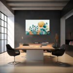 Eukalyptuszweige in Blau und Gold vor hellblauem Hintergrund mit goldenem Sonnenkreis