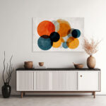 Spielerische Kreiskomposition in Orange, Dunkelrot, Gelb und Petrol auf hellem Grund – Bild 2