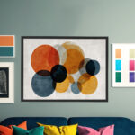 Spielerische Kreiskomposition in Orange, Dunkelrot, Gelb und Petrol auf hellem Grund – Bild 6