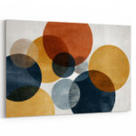 Luftige Kreiskomposition in Dunkelrot, Orange, Blaugrau und Ocker mit viel Weißraum