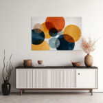 Luftige Kreiskomposition in Dunkelrot, Orange, Blaugrau und Ocker mit viel Weißraum – Bild 2