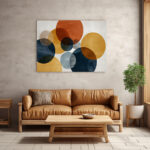 Luftige Kreiskomposition in Dunkelrot, Orange, Blaugrau und Ocker mit viel Weißraum – Bild 3