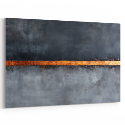 Minimalistisches Ölgemälde mit einzelnem goldenen Streifen auf dunkelgrauem strukturiertem Hintergrund