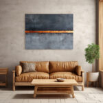 Minimalistisches Ölgemälde mit einzelnem goldenen Streifen auf dunkelgrauem strukturiertem Hintergrund – Bild 3