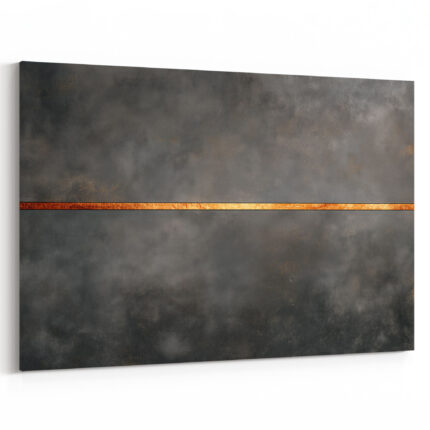 Minimalistisches Gemälde mit feiner Kupfer-Gold-Linie auf hellgrauem strukturiertem Malgrund