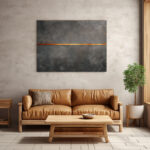 Minimalistisches Gemälde mit feiner Kupfer-Gold-Linie auf hellgrauem strukturiertem Malgrund – Bild 3