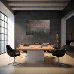 Minimalistisches Gemälde mit feiner Kupfer-Gold-Linie auf hellgrauem strukturiertem Malgrund – Bild 4