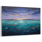 Expressionistisches Meeresgemälde mit türkisem Wasser, dramatischem Abendhimmel und Goldakzenten