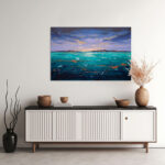 Expressionistisches Meeresgemälde mit türkisem Wasser, dramatischem Abendhimmel und Goldakzenten – Bild 2