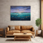 Expressionistisches Meeresgemälde mit türkisem Wasser, dramatischem Abendhimmel und Goldakzenten – Bild 3