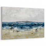 Impressionistisches Strandgemälde in gedämpften Grau- und Blautönen mit strukturiertem Farbauftrag